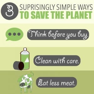 Looking for simple green living tips to help the environment on a day to day basis? Think before you buy, clean with care and eat less meat. That's it!