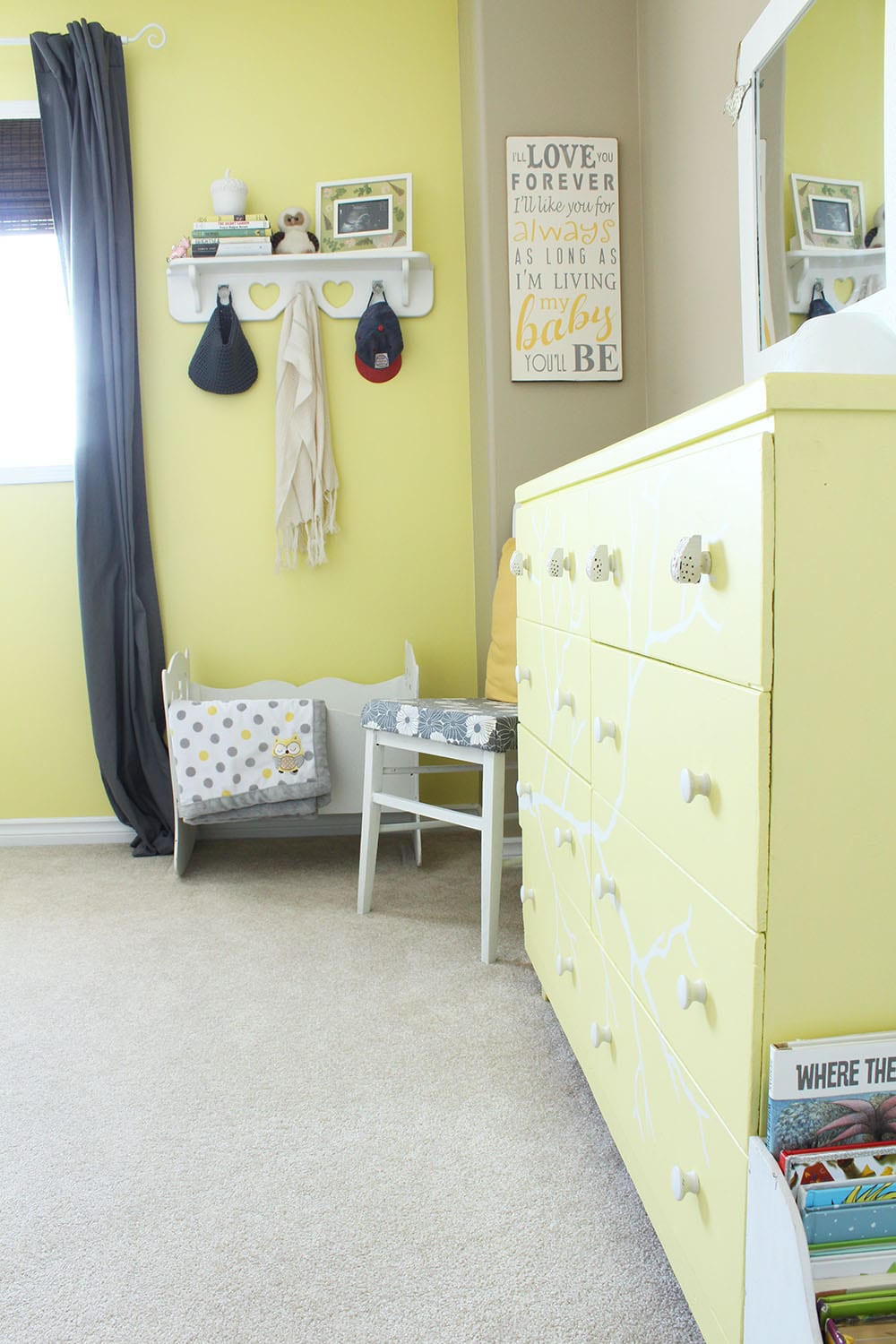 Yellow Toddler Bedroom | Welcome to our yellow toddler bedroom. Featuring grey and white accents and an owl motif. This room is a super happy fun place for a cute and quirky kid!