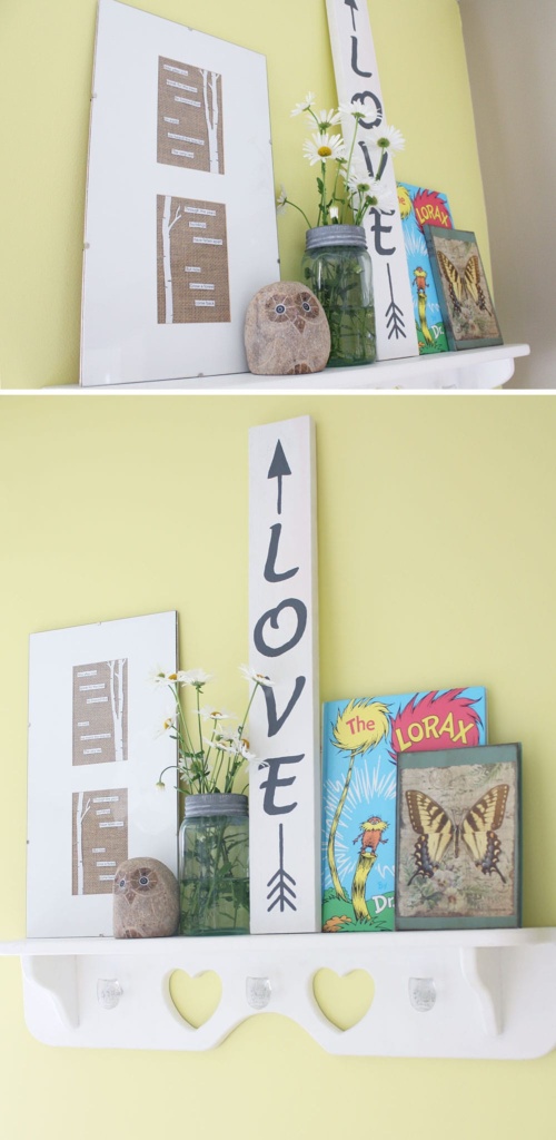 Poetry art using text from The Lorax displayed on a shelf.
