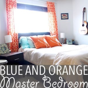 Blue and Orange Bedroom | Love unusual colour combos like blue and orange? How about a blue and orange bedroom! Gorgeous orange curtains and pops of turquoise transform a blah space.