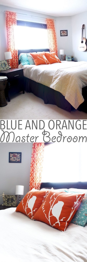 Blue and Orange Bedroom | Love unusual colour combos like blue and orange? How about a blue and orange bedroom! Orange damask curtains and pops of turquoise transform a blah space.