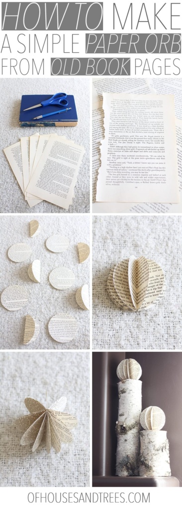 How to make a simple paper orb from old book pages. Supplies needed for making a paper orb from old book pages - an old book, a pencil, scissors, glue, plus something circular shaped for tracing.