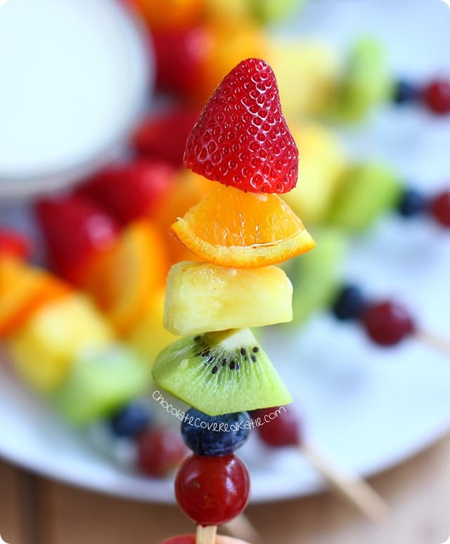 These beautiful Rainbow Fruit Kabobs from Chocolate Covered Katie are just one of many healthy, vegan lunch ideas - that both kids and adults will love!
