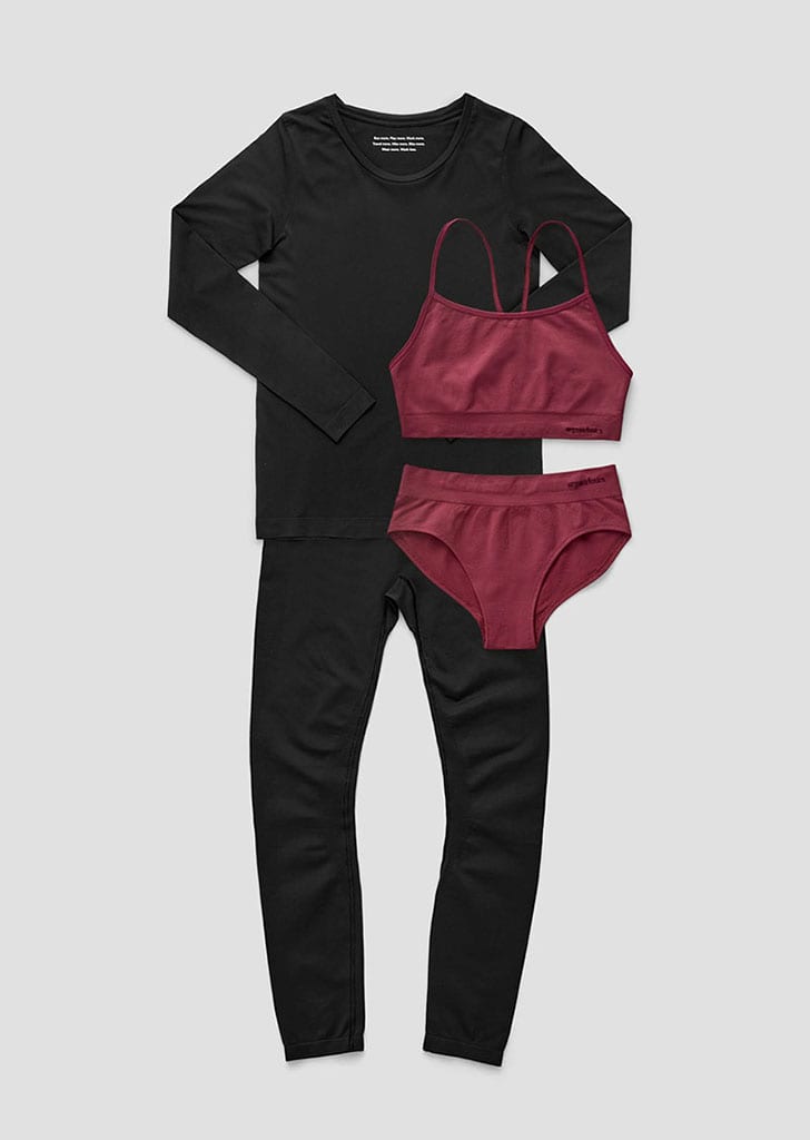 Want to create an eco-friendly laundry practice? Cut down on water use by washing your clothes less often - and invest in high-quality clothing basics. Like these anti-microbial underwear, bra, long-sleeve and leggings by Organic Basics.