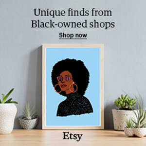 A photo of a drawing featuring a black women with the words "unique finds from Black-owned shops." Click to visit Etsy.