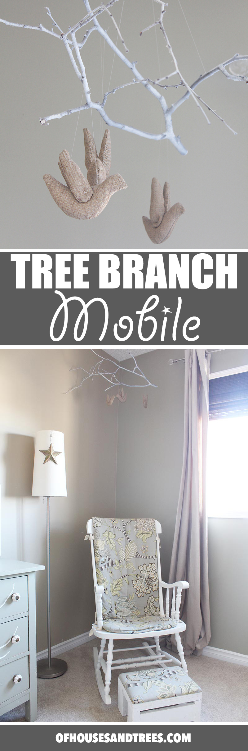 Super charming and whimsical DIY tree branch mobile made with a spray-painted poplar branch, stuffed birds and fishing line.