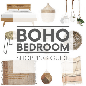 Various bohemian interior design items - such as woven furniture and hanging planters, on a white background with the words 