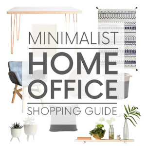 Various minimalist interior design items - such as hairpin-legged desk and a floating wood shelf, on a white background with the words "minimalist home office decor."