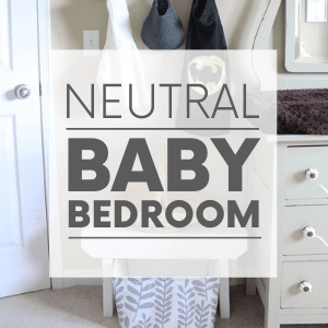 A bedroom with a green dresser, a leaf basket and a superhero cape hanging on a hook with the words "neutral baby bedroom." Click to visit post.