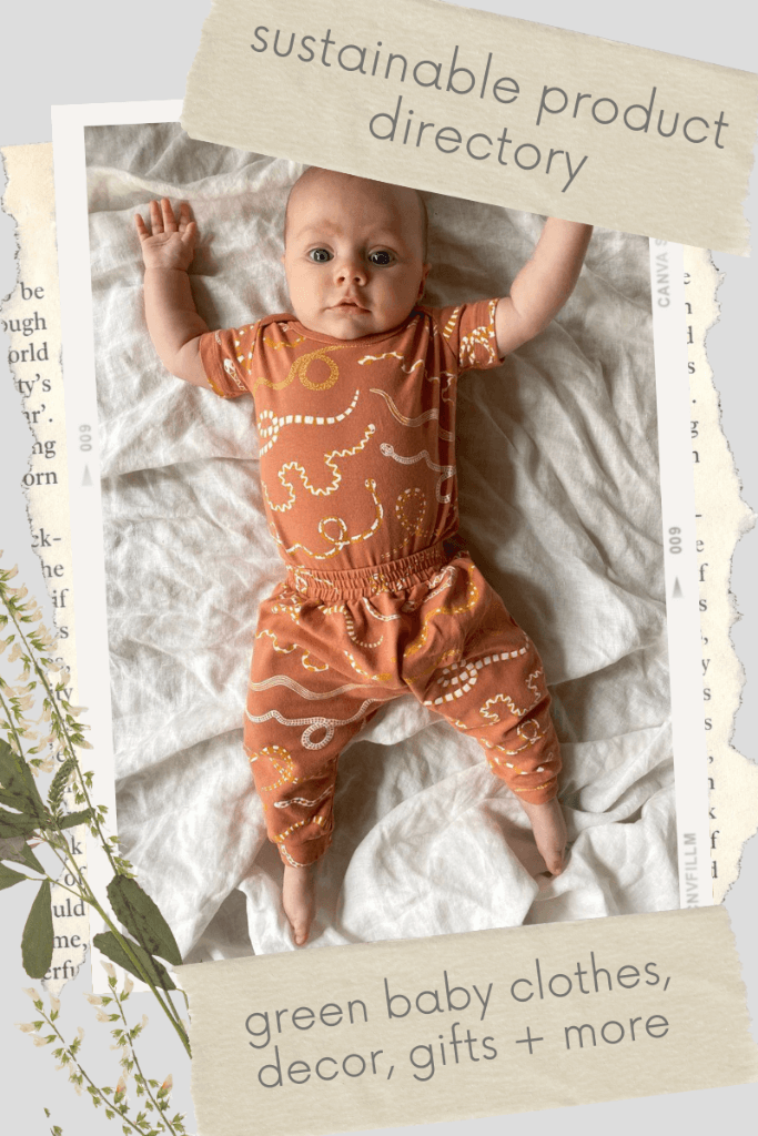 Baby in a peach-coloured outfit with the words "sustainable product directory - green baby clothes, decor, gifts + more."