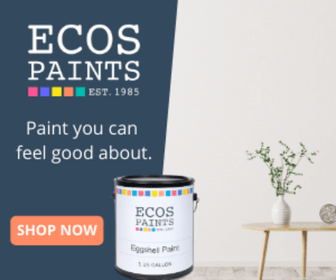 A banner with a photo of a home interior on it and the words "ECOS Paints. Paint you can feel good about." Click to visit ECOS website.