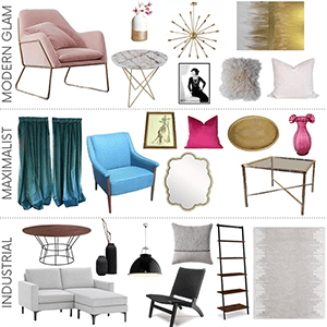 Various home decor and furniture items on a white background wit text "modern glam, maximalist, industrial." Click to visit post.