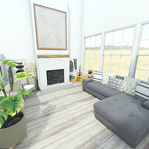 3D model of a living room with a grey couch, white walls and large windows. Click to visit post.