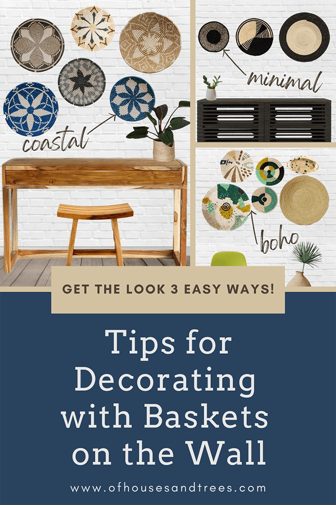 Three different 2D renderings of rooms with hanging baskets and text tips for decorating with baskets on the wall.