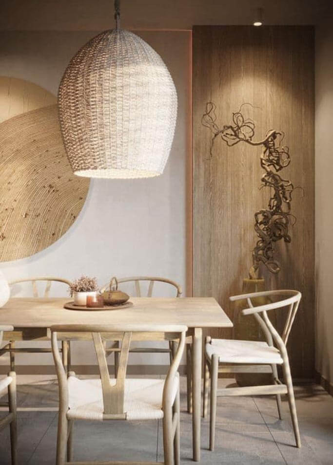 Nature-inspired dining area with a light wooden table.