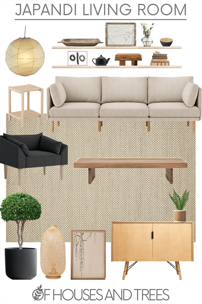 A 2D design board featuring Japandi furniture and decor.