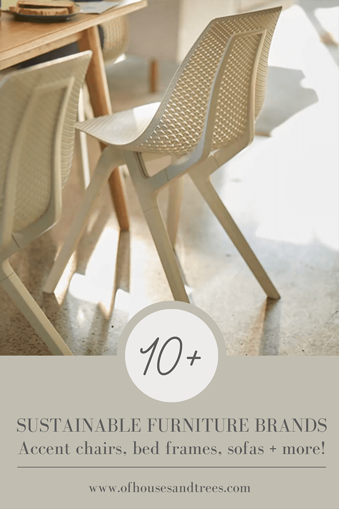 Two white chairs by a wooden table with text 10+ sustainable furniture brands.