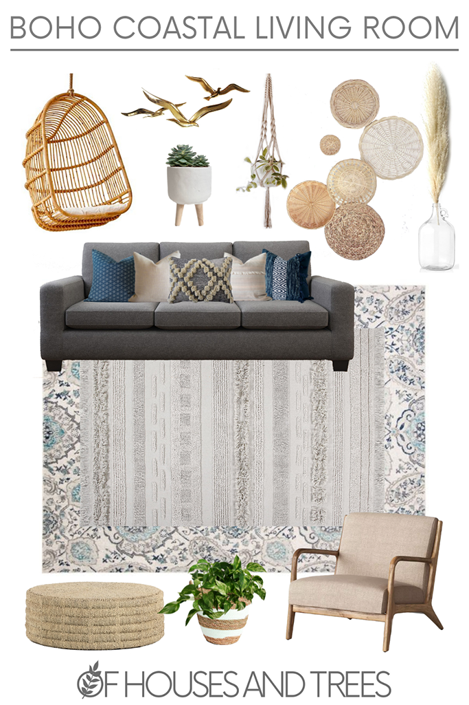 A 2D layout of a living room, featuring a grey couch, blue and off-white pillows, woven wall baskets and a blue patterned rug on a white background.