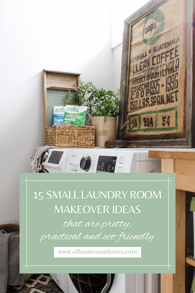 A simple laundry room with vintage decor and text 15 small laundry room makeover ideas.