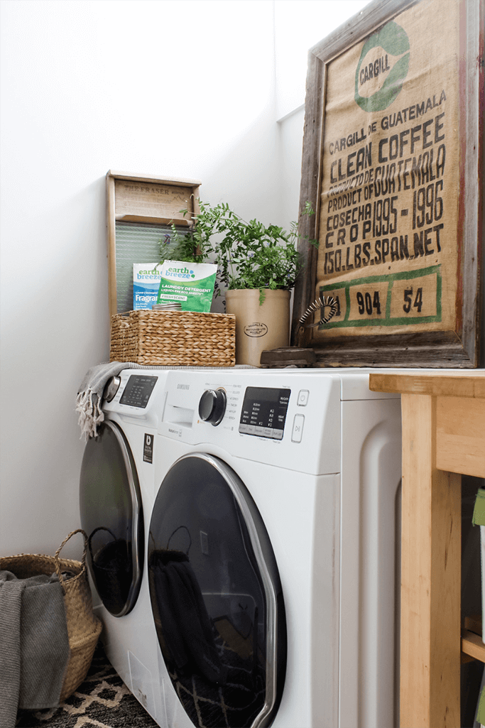 A simple laundry room with vintage decor.