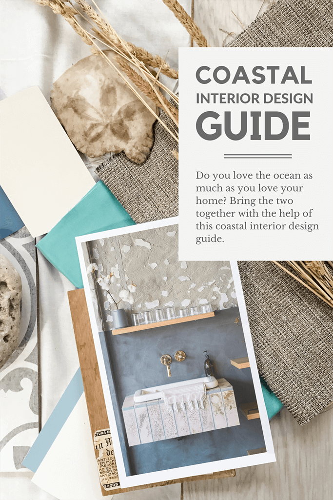 Various paint samples, fabric samples and coastal items with a photo of a coastal bathroom sitting on top and text coastal interior design guide.
