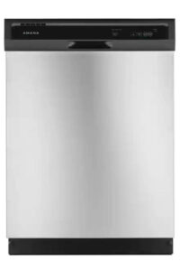 A stainless steel dishwasher with black accents.