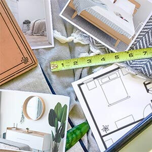 Photos of a bedroom plus a bedroom floor plan next to a measuring tape.
