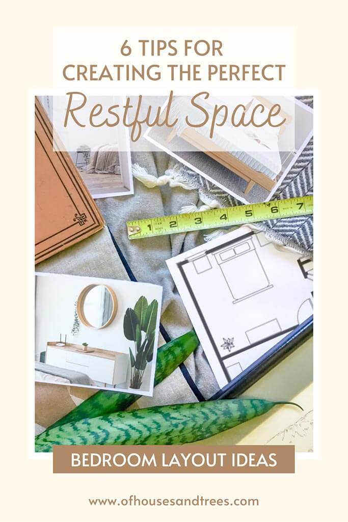Pictures of bedrooms and a floor plan next to a measuring tape.
