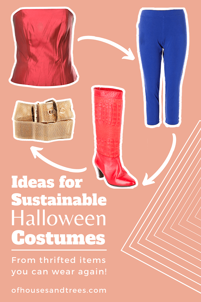 A red corset, blue leggings, red boots and gold belt on a pink background with text ideas for sustainable Halloween costumes.