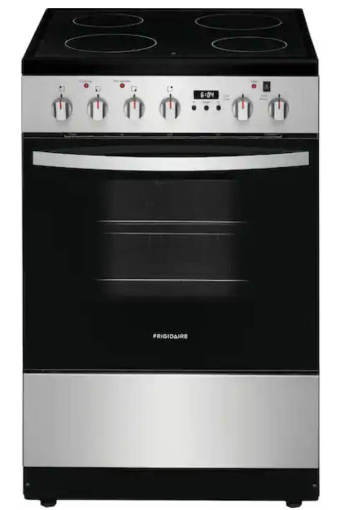 Stainless steel and black Frigidaire range on a white background.