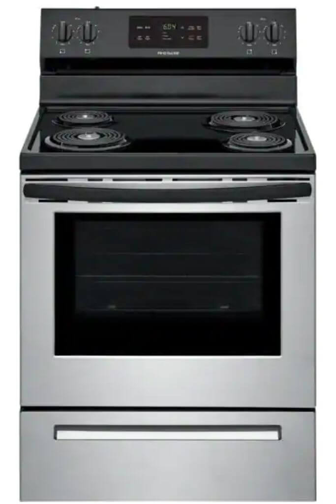 Stainless steel and black Frigidaire coil range on a white background.
