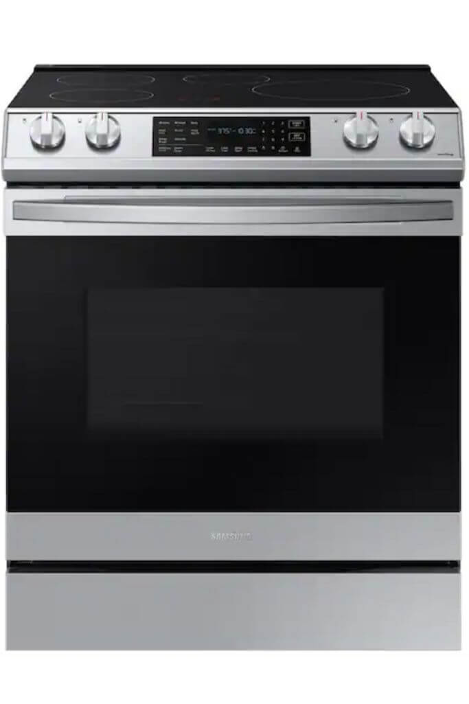 Stainless steel and black Samsung range on a white background.