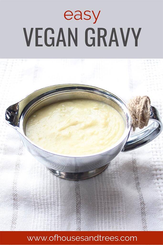 Light brown gravy in a silver gravy boat with text easy vegan gravy.