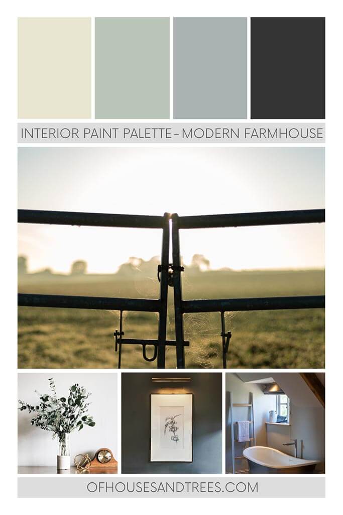 Four paint colours - off-white, medium green, medium blue and black with text interior paint palette - modern farmhouse.