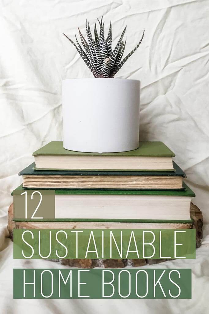 A plant in a white pot sitting on three books with text 12 sustainable home books.