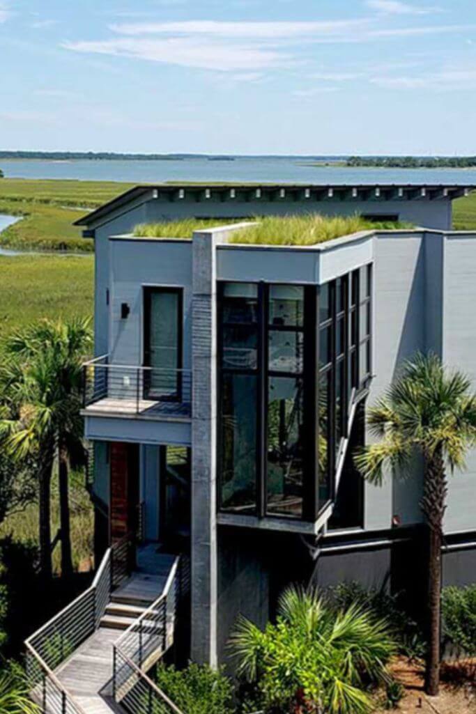 A modern home with a rooftop garden.