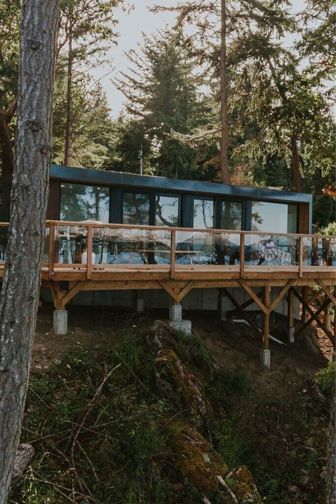 A shipping container home built in a forest.