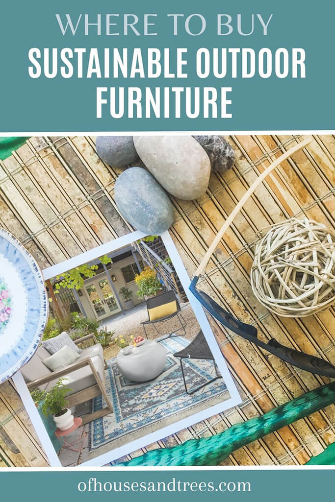 A photo of a beautiful backyard patio sitting next to sunglasses, rocks and a floral plate with text where to buy sustainable furniture.