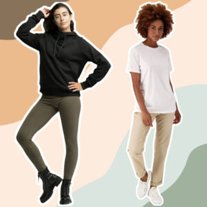 Two women wearing casual clothing on a colourful background.