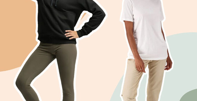 8 Affordable Sustainable Clothing Items for a Green and Budget-Friendly Wardrobe Two women wearing casual clothing on a colourful background.
