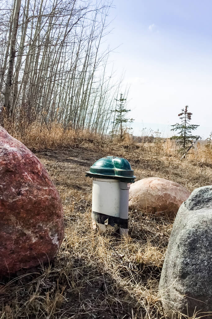A well head surrounded by rocks and trees.