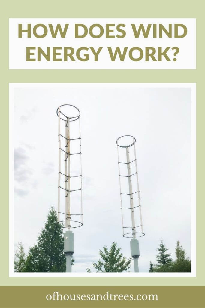 Two wind turbines against a cloudy sky with text how does wind energy work.