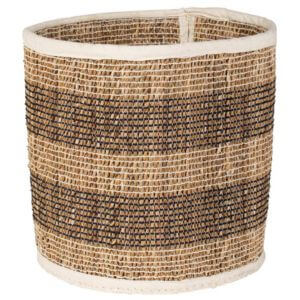 Woven basket with black stripes on a white background.
