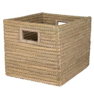Rectangular woven basket on a white background.