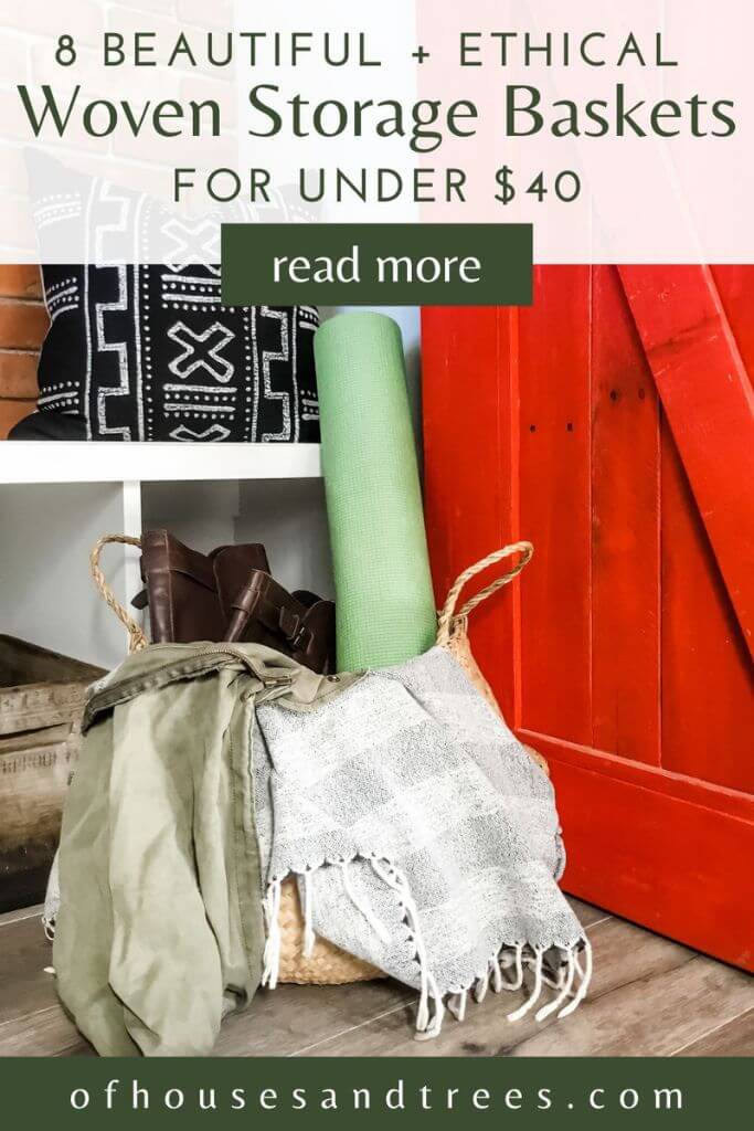 A woven basket filled with odds and ends and text 8 beautiful + ethical storage baskets.